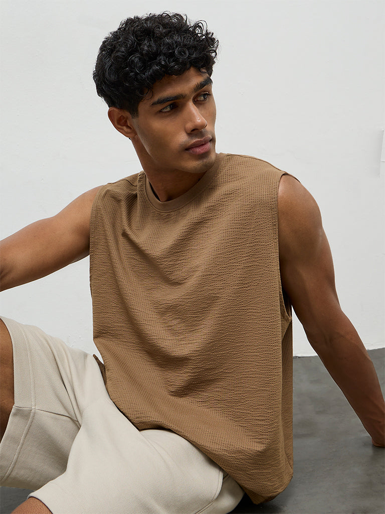 Nuoflexx Brown Textured Relaxed-Fit Cotton-Blend T-Shirt