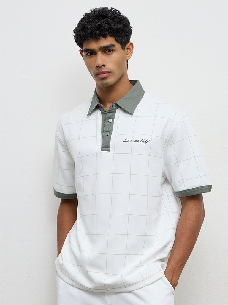 Nuoflexx Off-White Checkered Relaxed-Fit Cotton-Blend Polo T-Shirt