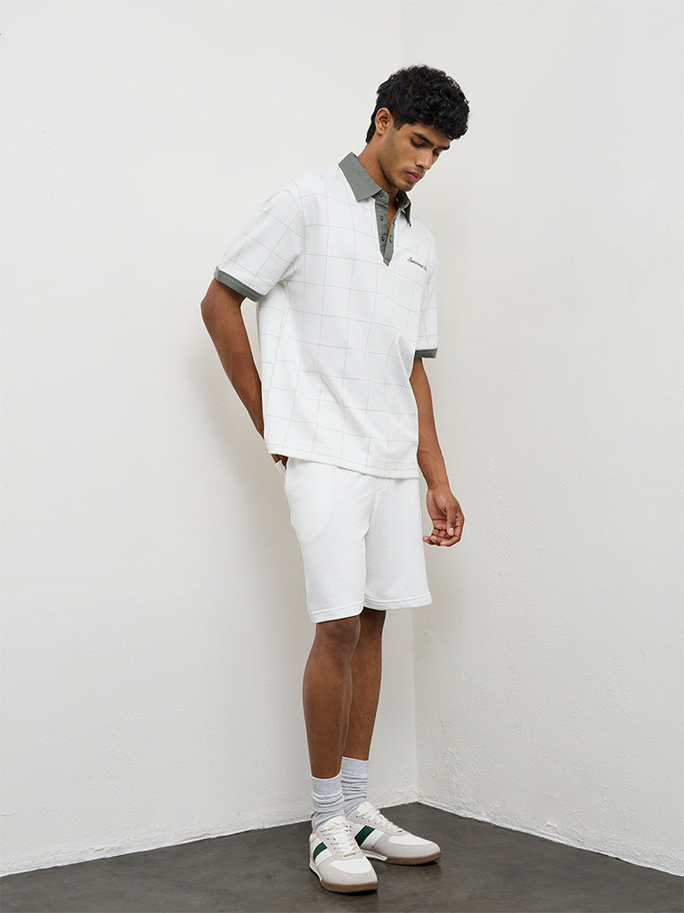 Nuoflexx Off-White Checkered Relaxed-Fit Cotton-Blend Polo T-Shirt