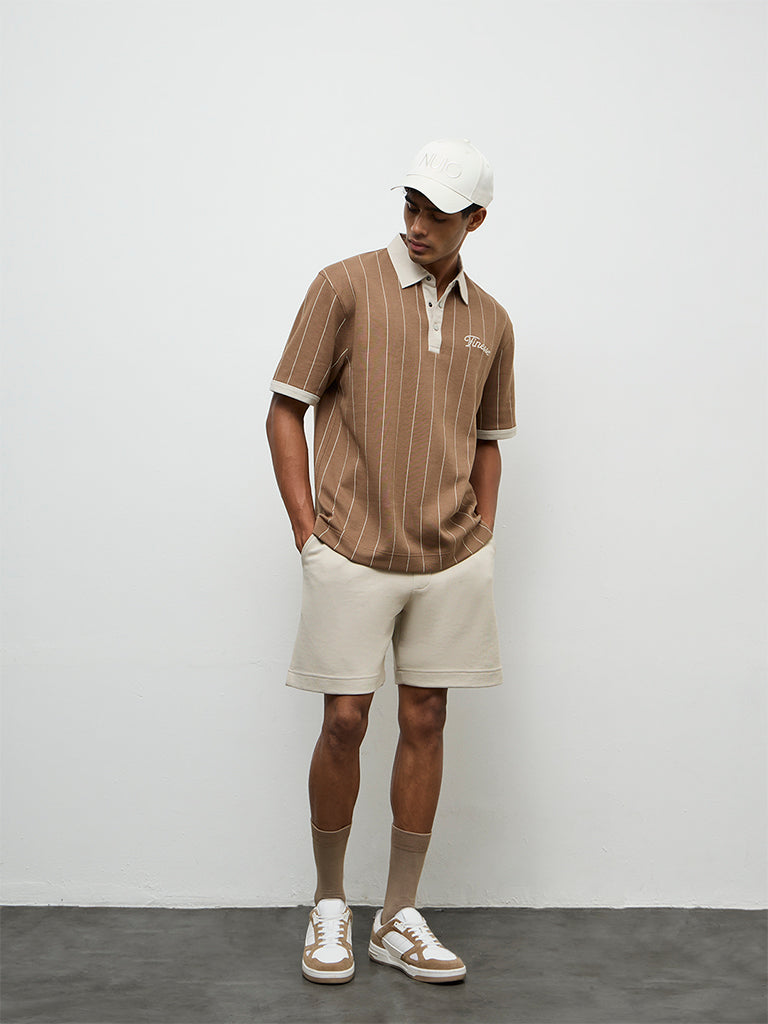 Nuoflexx Brown Striped Relaxed-Fit Cotton-Blend Polo T-Shirt