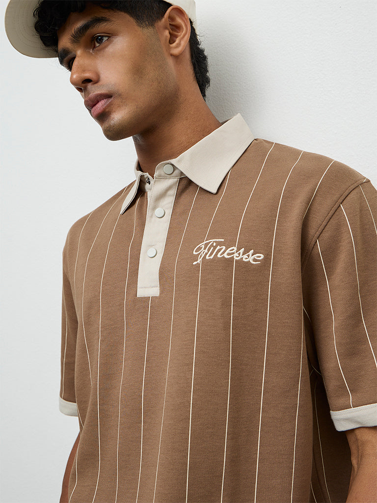 Nuoflexx Brown Striped Relaxed-Fit Cotton-Blend Polo T-Shirt