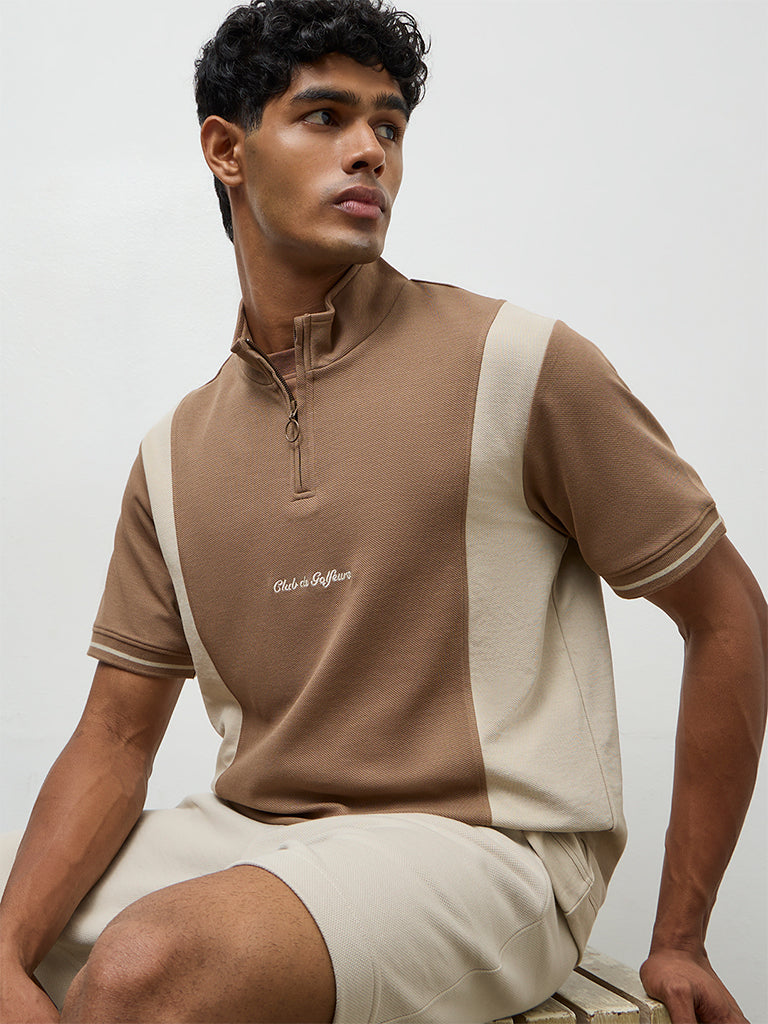 Nuoflexx Brown Color-Blocked Slim-Fit Quarter-Zip T-Shirt