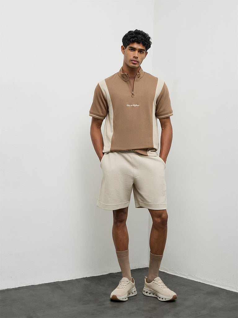 Nuoflexx Brown Color-Blocked Slim-Fit Quarter-Zip T-Shirt