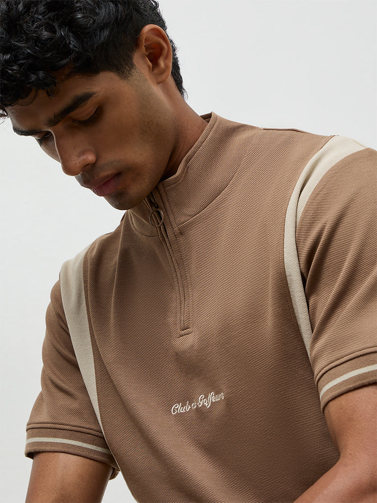 Nuoflexx Brown Color-Blocked Slim-Fit Quarter-Zip T-Shirt