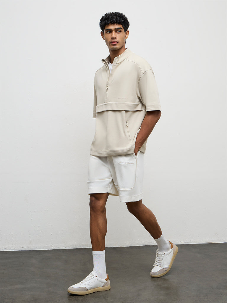Nuoflexx Beige Relaxed-Fit Cotton-Blend Quarter-Zip Sweatshirt