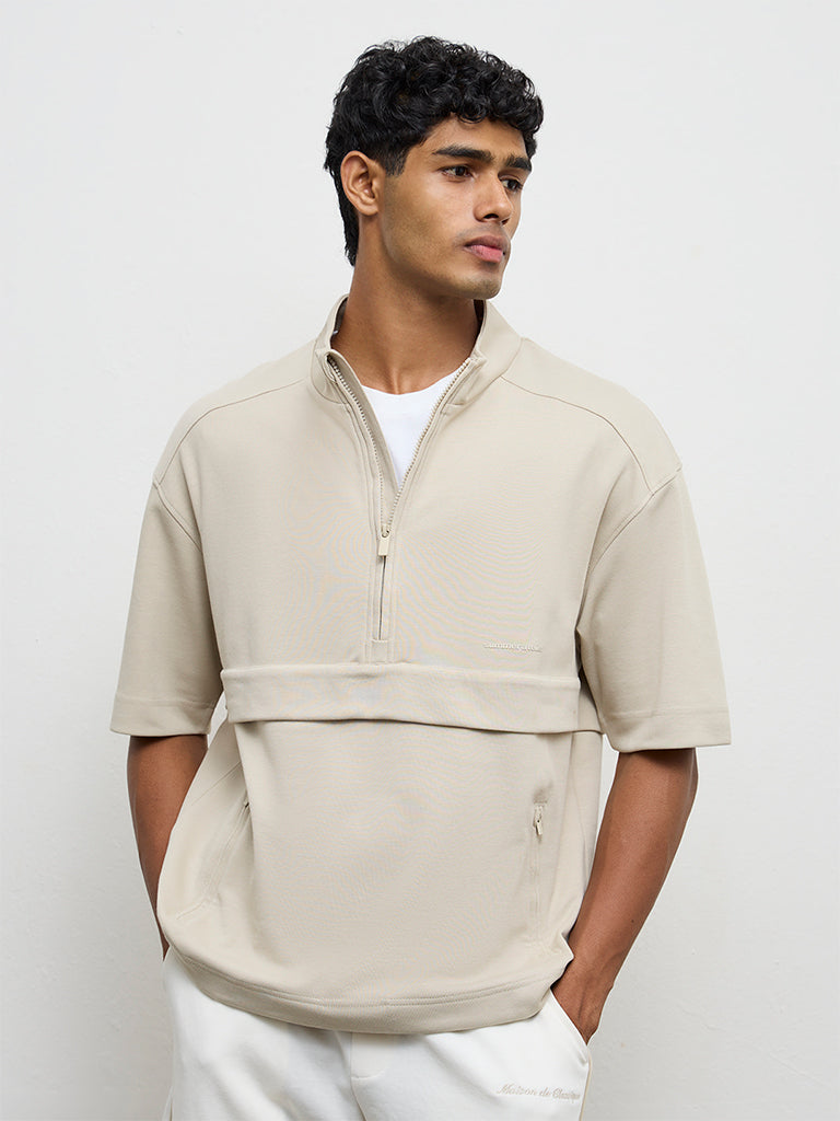 Nuoflexx Beige Relaxed-Fit Cotton-Blend Quarter-Zip Sweatshirt
