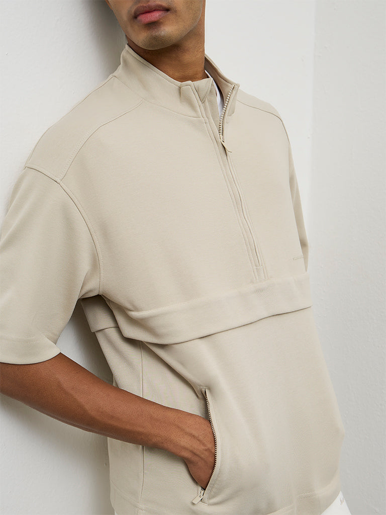 Nuoflexx Beige Relaxed-Fit Cotton-Blend Quarter-Zip Sweatshirt