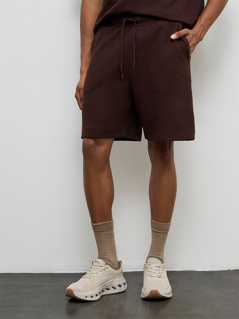 Nuoflexx Dark Brown Textured Relaxed-Fit Mid-Rise Cotton-Blend Shorts