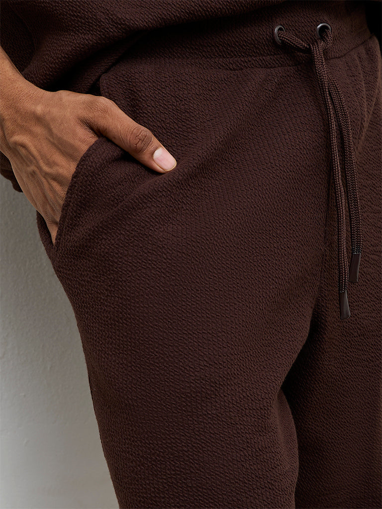 Nuoflexx Dark Brown Textured Relaxed-Fit Mid-Rise Cotton-Blend Shorts