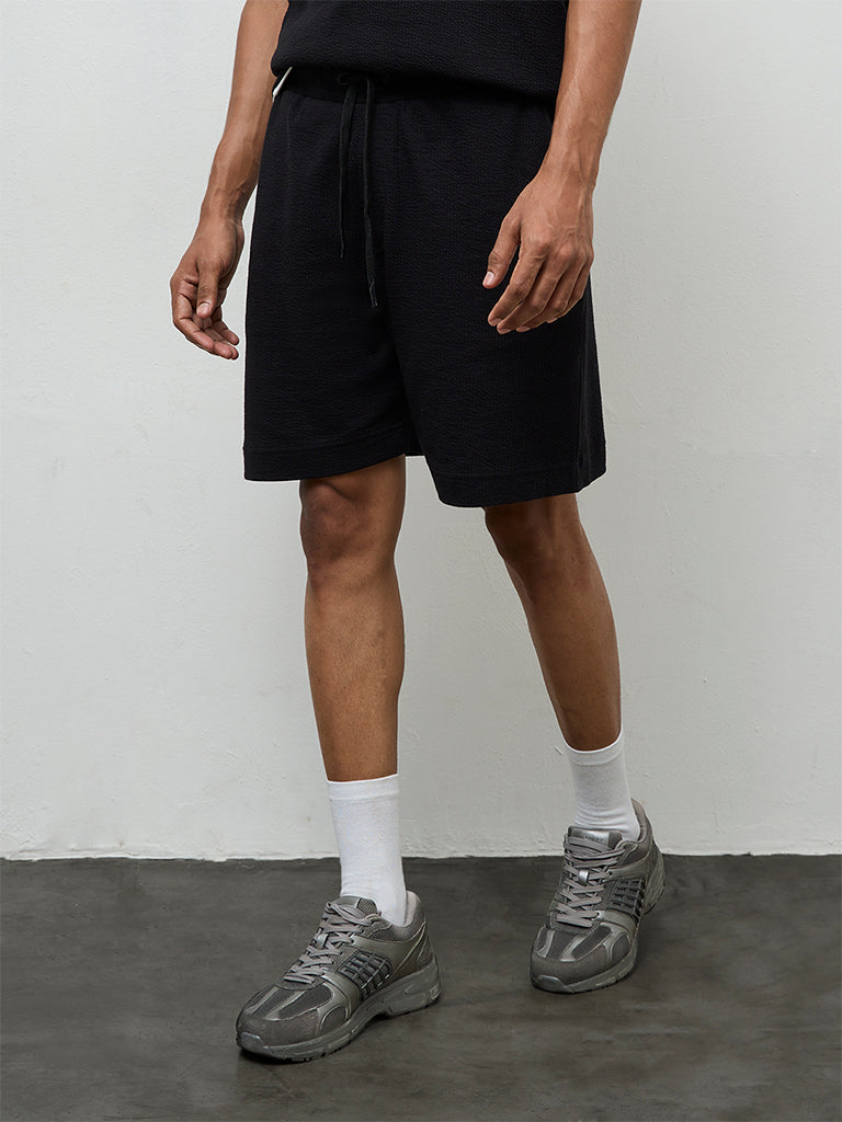 Nuoflexx Black Relaxed-Fit Mid-Rise Cotton-Blend Shorts