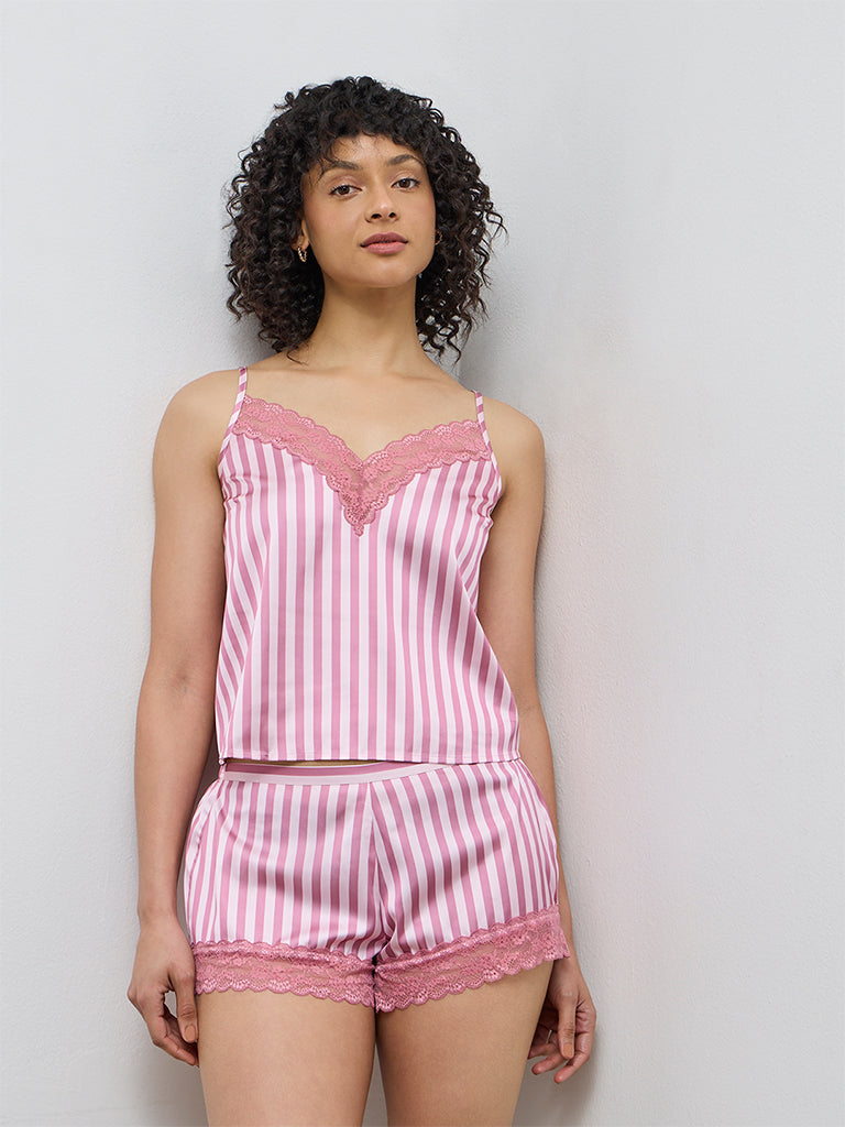 Wunderlove Pink Striped Satin Camisole and Shorts Set