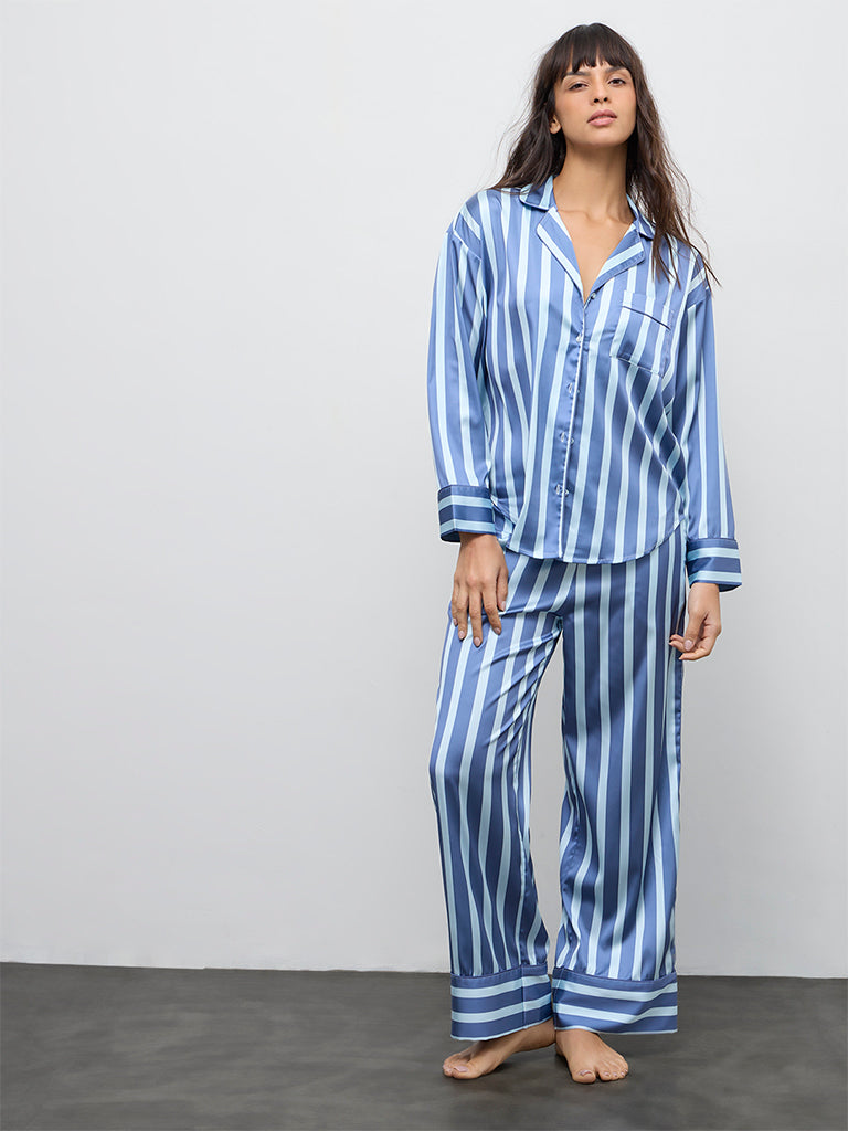 Wunderlove Blue Striped Satin Shirt and Pyjamas Set
