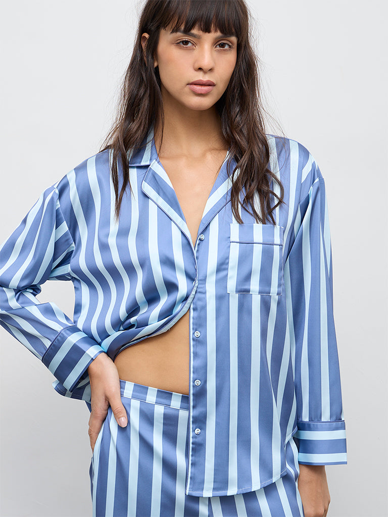 Wunderlove Blue Striped Satin Shirt and Pyjamas Set