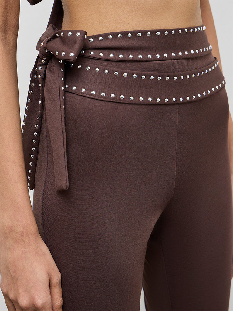 Nuon Brown Stud-Detailed High-Rise Trousers