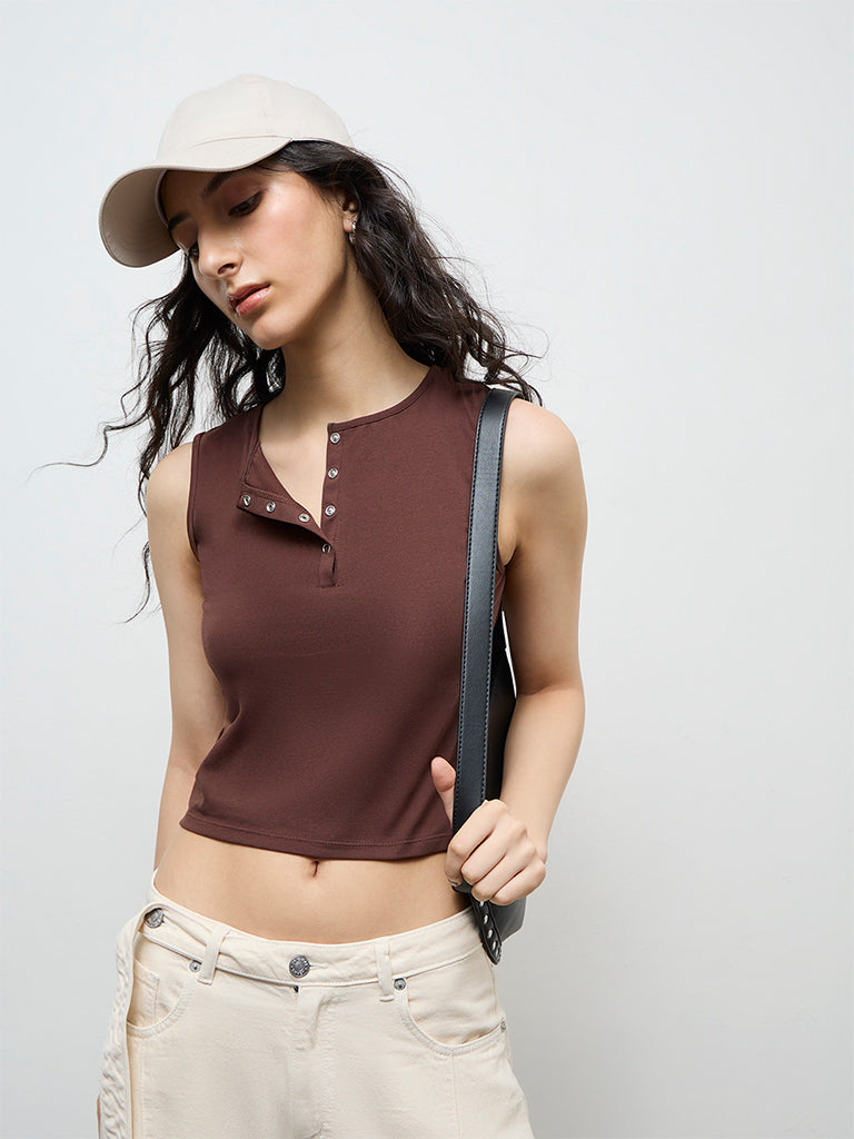 Nuon Dark Brown Cotton-Blend Top