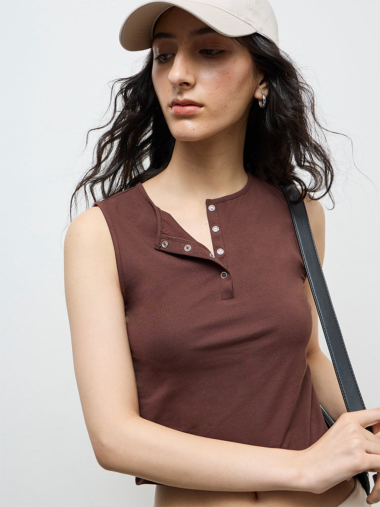 Nuon Dark Brown Cotton-Blend Top