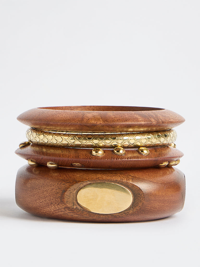 Westside Accessories Brown Wood and Metal Bangles - Pack of 4