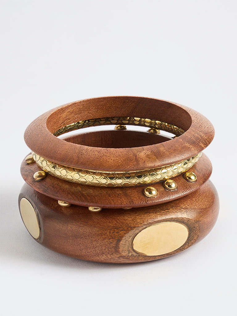 Westside Accessories Brown Wood and Metal Bangles - Pack of 4