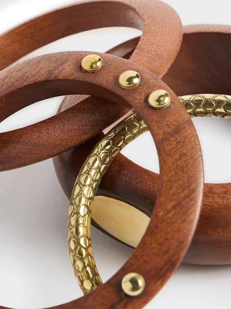 Westside Accessories Brown Wood and Metal Bangles - Pack of 4