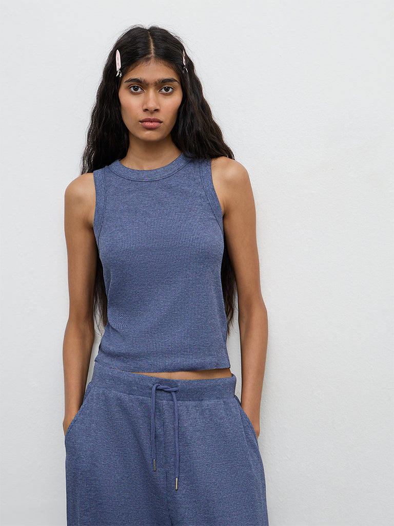 Superstar Dusty Blue Waffle Textured Cotton-Blend Top