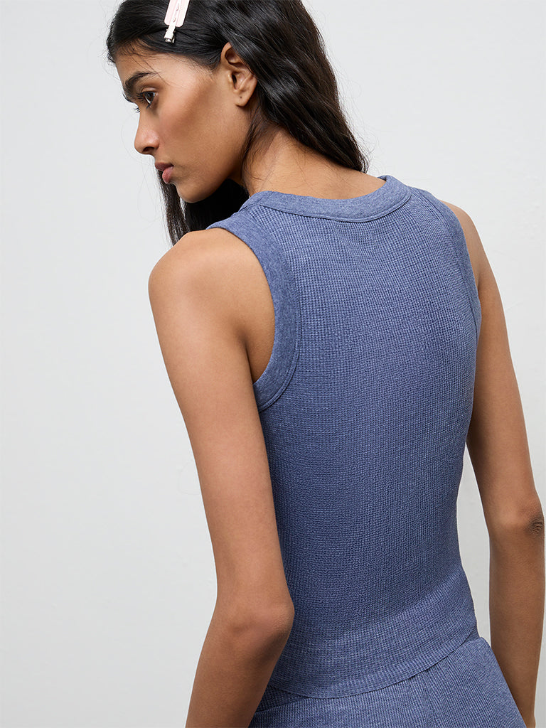 Superstar Dusty Blue Waffle Textured Cotton-Blend Top