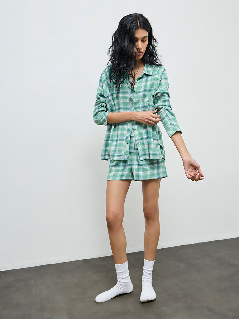 Superstar Green Oversized Checkered Cotton Shirt