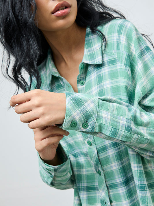 Superstar Green Oversized Checkered Cotton Shirt