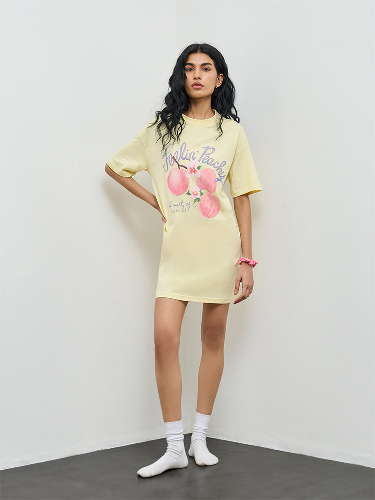 Superstar Yellow Graphic Printed Cotton T-Shirt Dress