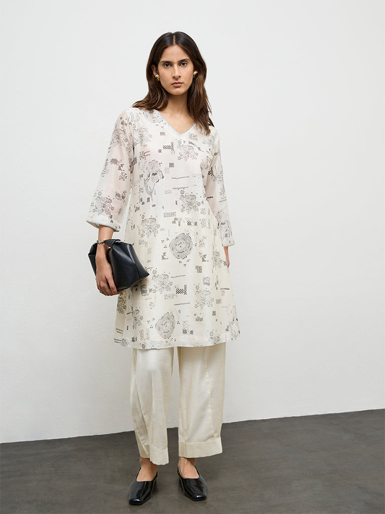 Zuba Ivory Printed Silk Chanderi A-Line Kurta