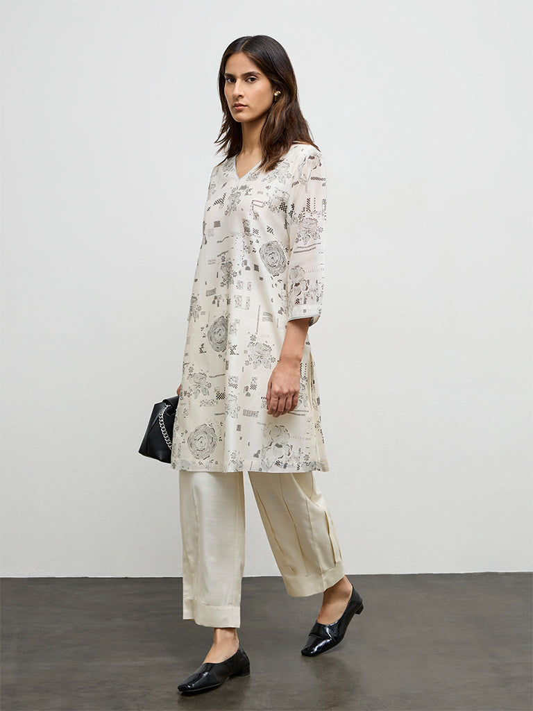 Zuba Ivory Printed Silk Chanderi A-Line Kurta