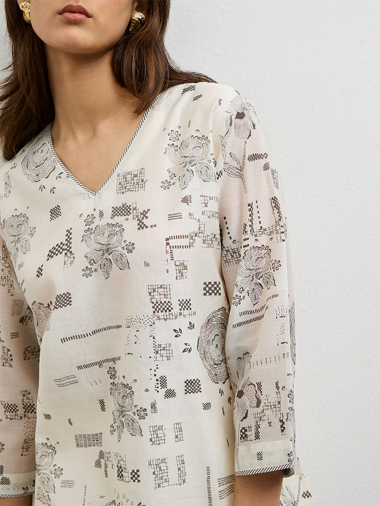 Zuba Ivory Printed Silk Chanderi A-Line Kurta