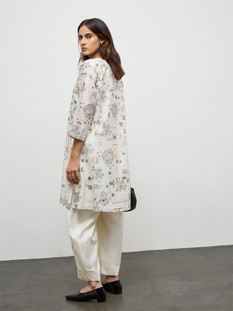 Zuba Ivory Printed Silk Chanderi A-Line Kurta