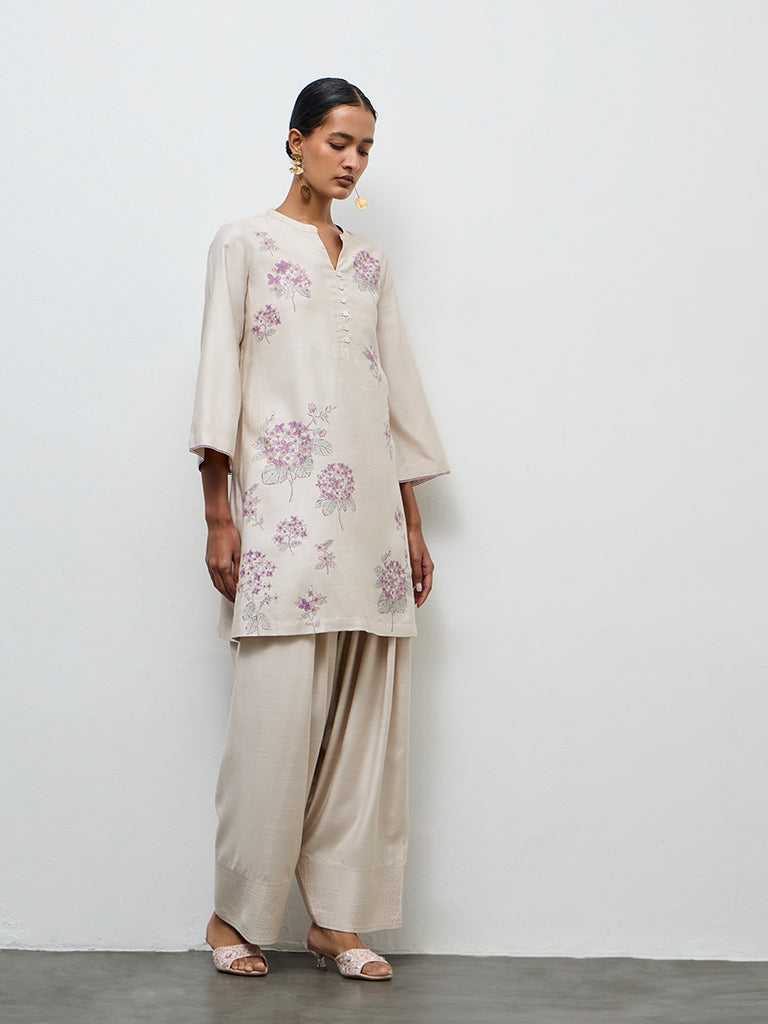 Zuba Beige Floral Pattern Straight Kurta