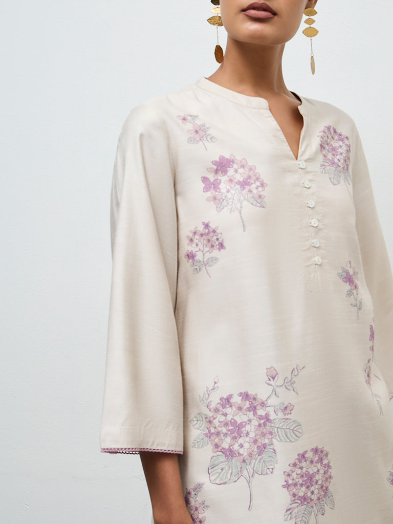 Zuba Beige Floral Pattern Straight Kurta