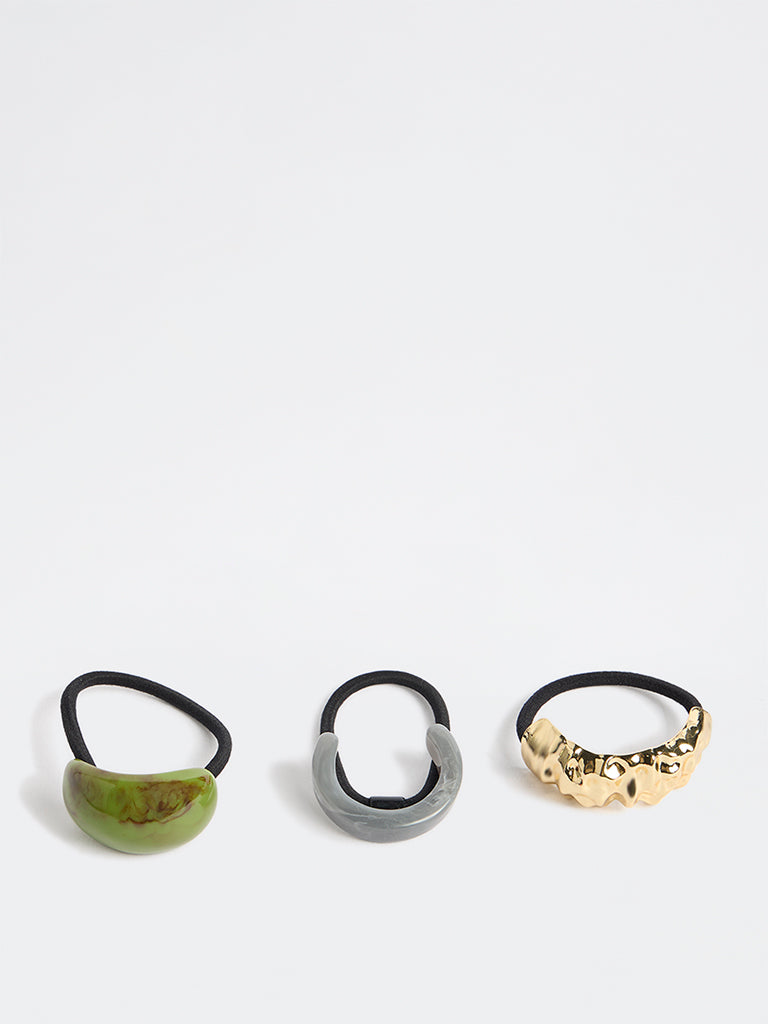 Westside Accessories Multicolour Acrylic & Crunched Metallic Hair Ties - Pack of 3