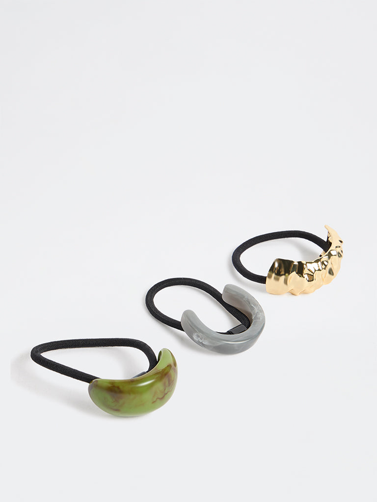 Westside Accessories Multicolour Acrylic & Crunched Metallic Hair Ties - Pack of 3