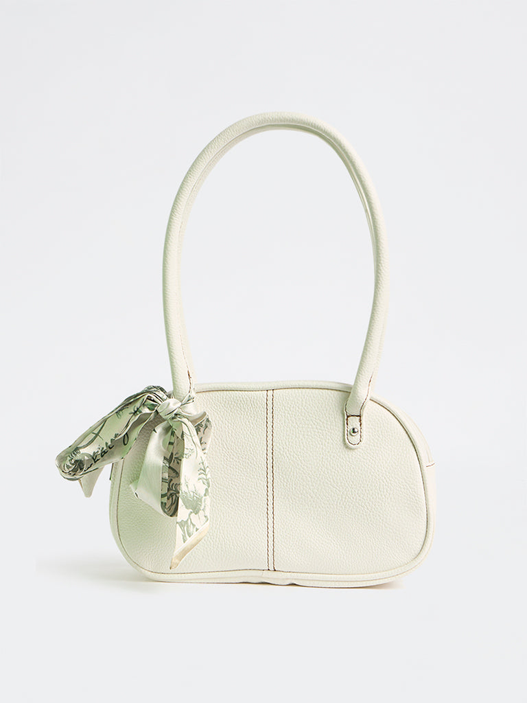 Westside White Textured Shoulder Bag with a Scarf