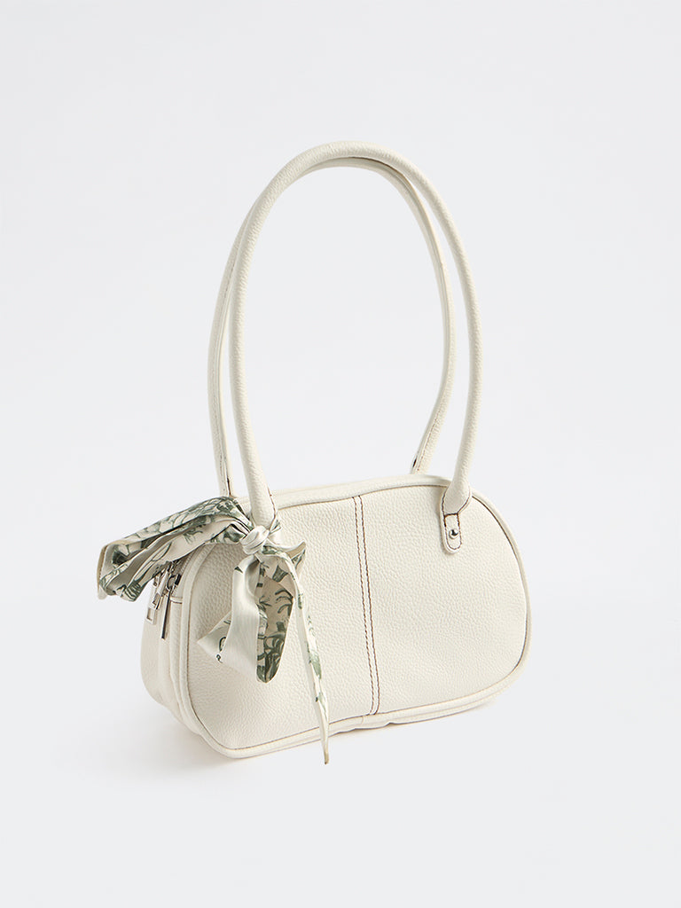 Westside White Textured Shoulder Bag with a Scarf