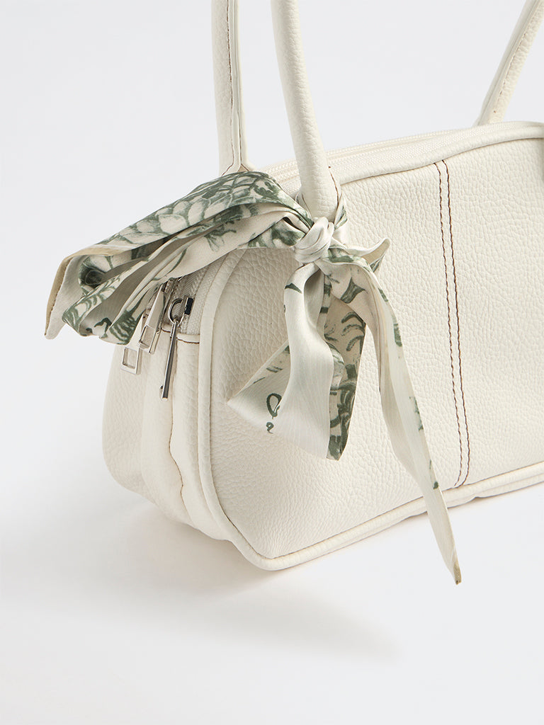 Westside White Textured Shoulder Bag with a Scarf