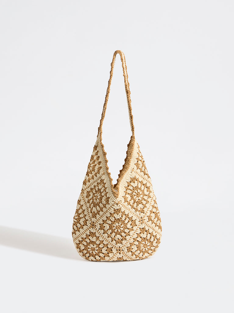 Westside Brown Floral Crochet Tote Bag