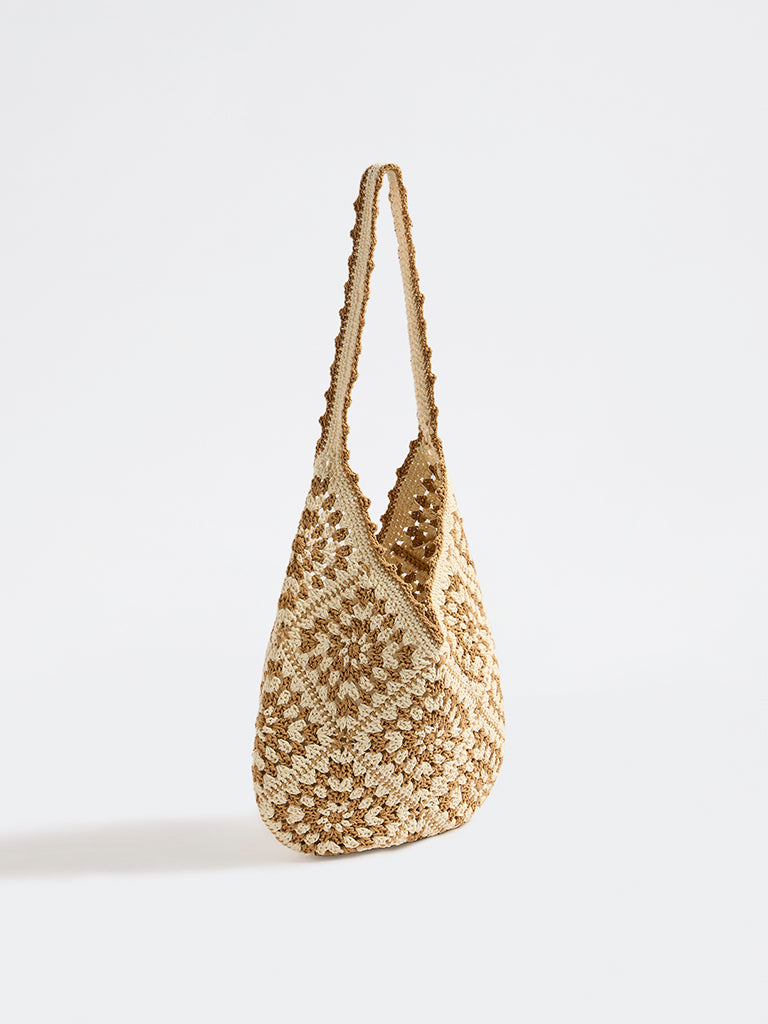 Westside Brown Floral Crochet Tote Bag