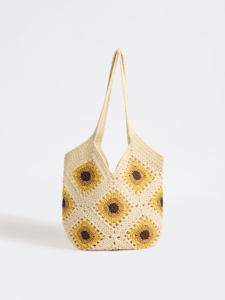 Westside Yellow Sunflower Crochet Design Tote Bag