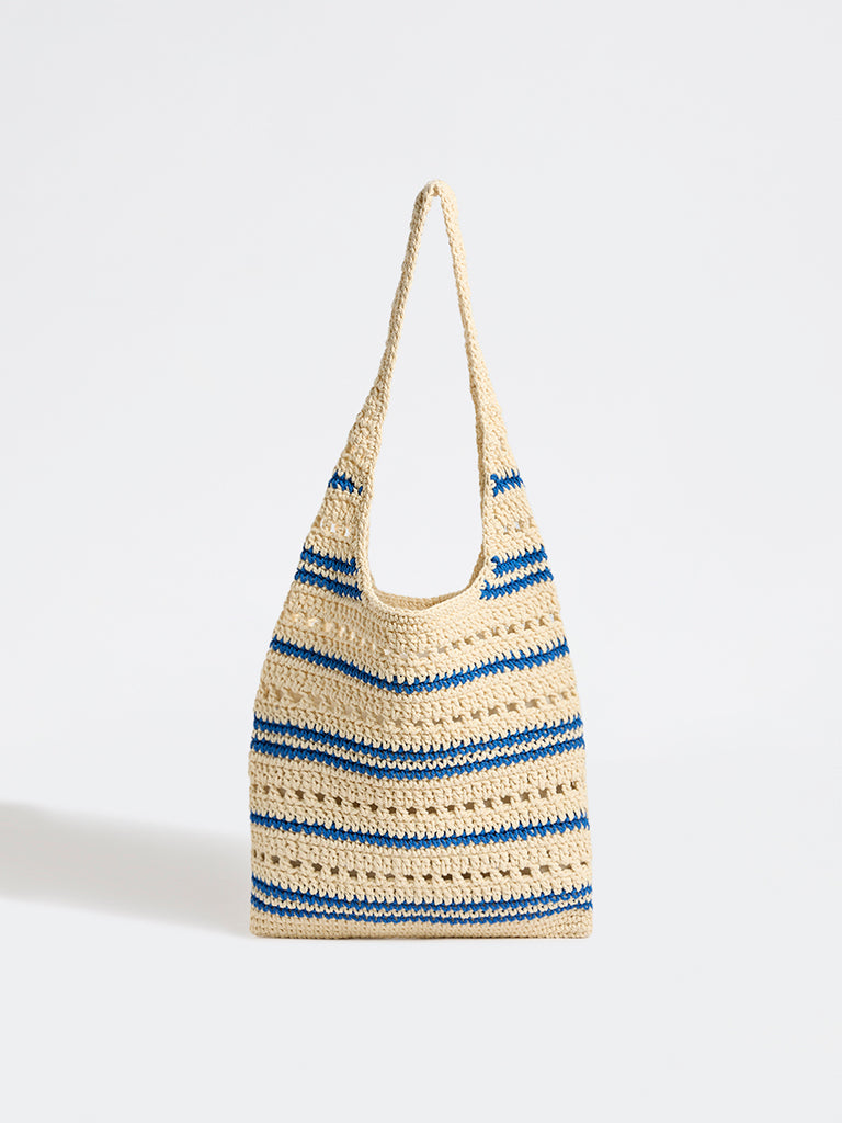 Westside Off-White and Blue Striped Crochet Design Tote Bag