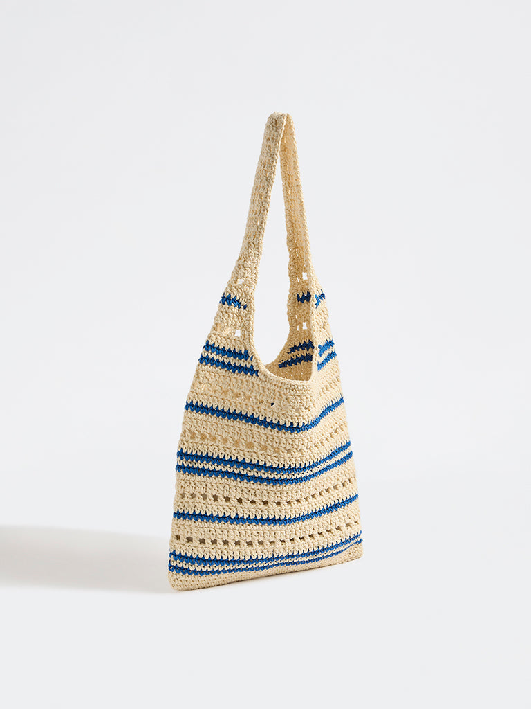 Westside Off-White and Blue Striped Crochet Design Tote Bag