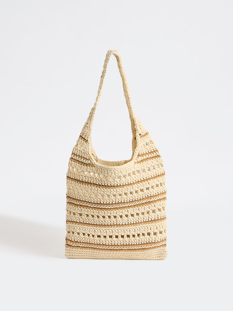 Westside Off-White and Brown Striped Crochet Design Tote Bag