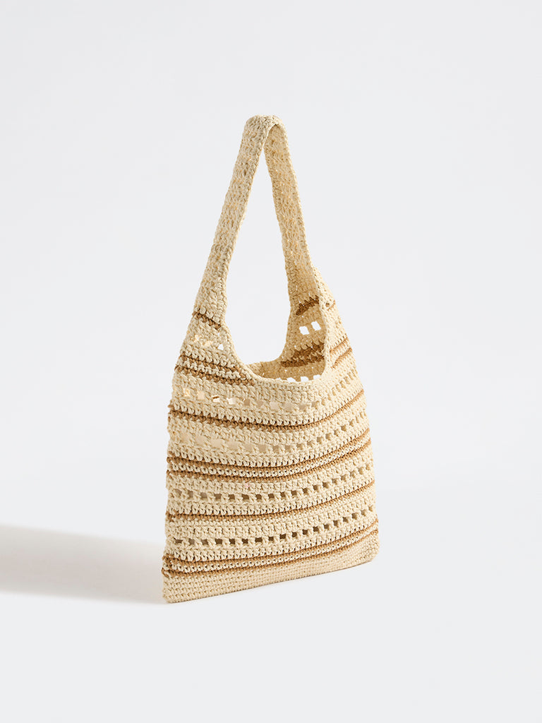 Westside Off-White and Brown Striped Crochet Design Tote Bag