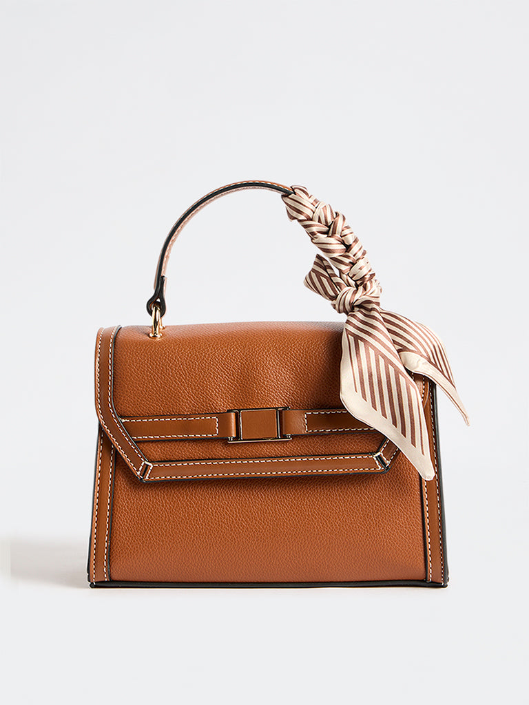 Westside Brown Textured Satchel Bag with a Scarf