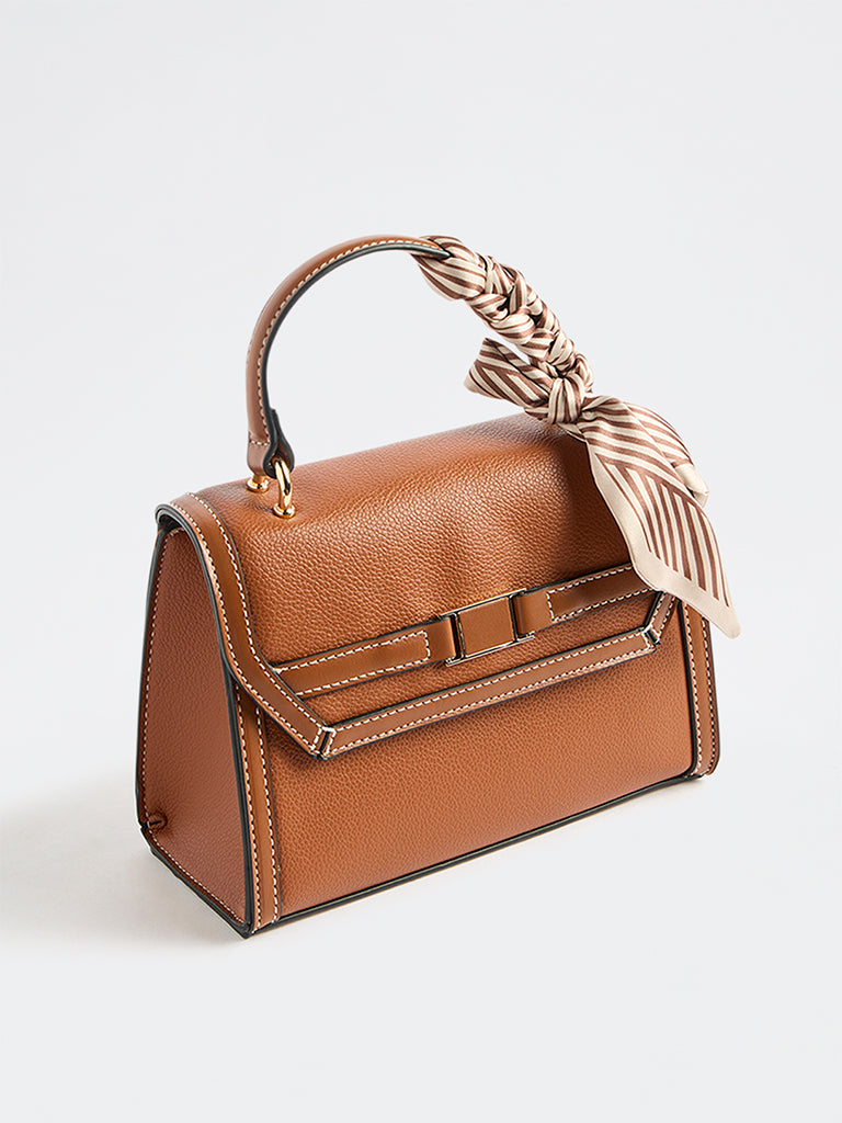 Westside Brown Textured Satchel Bag with a Scarf