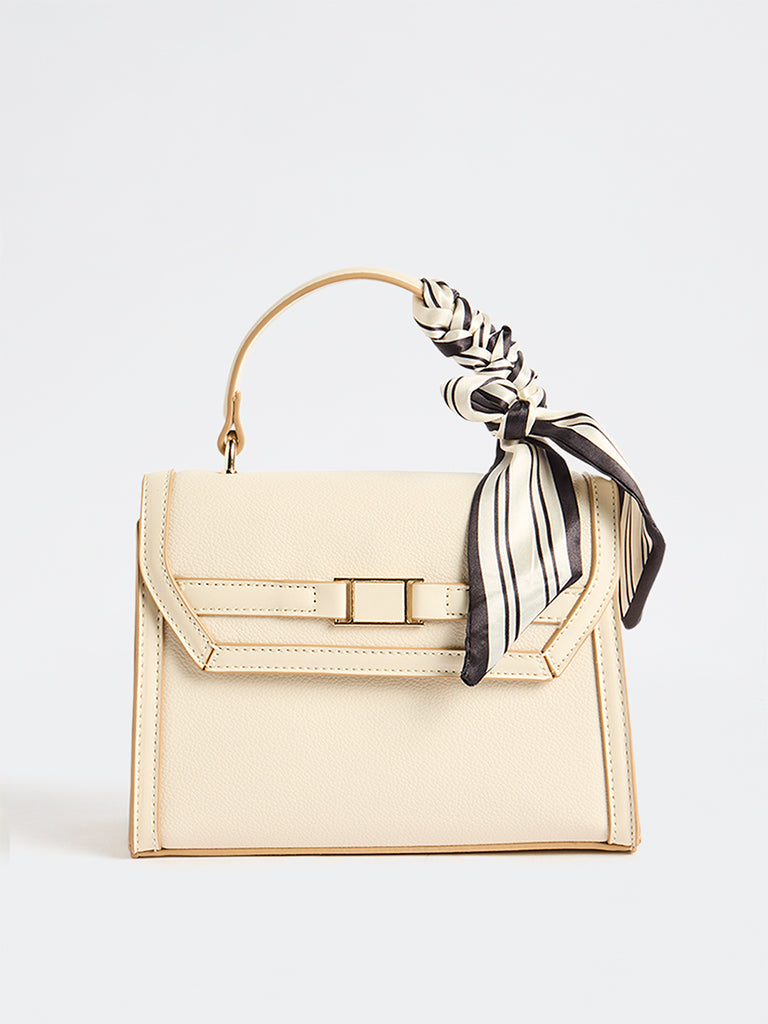 Westside Off-White Textured Satchel Bag with a Scarf