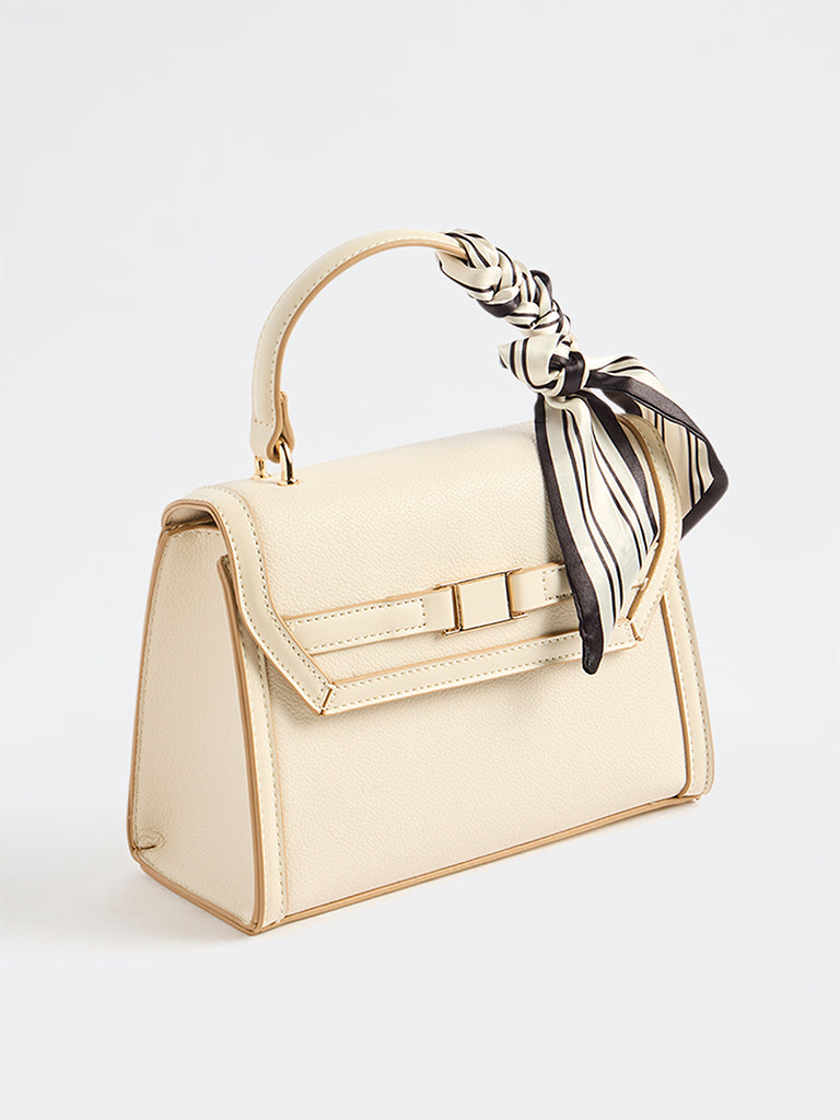 Westside Off-White Textured Satchel Bag with a Scarf